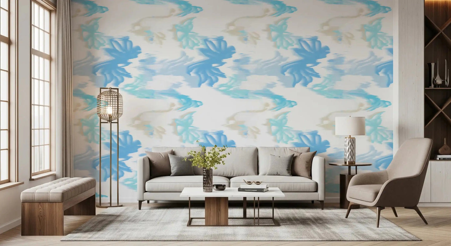 Office room setup with Fluid Serenity wallpaper in light blue tones
