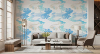 Office room setup with Fluid Serenity wallpaper in light blue tones