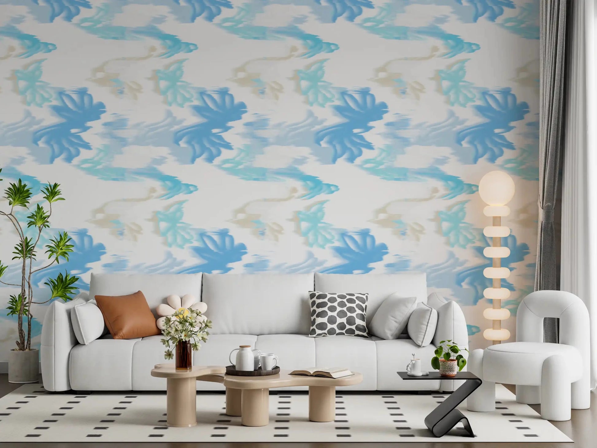 Living room styled with Fluid Serenity wallpaper in soft blue abstract waves