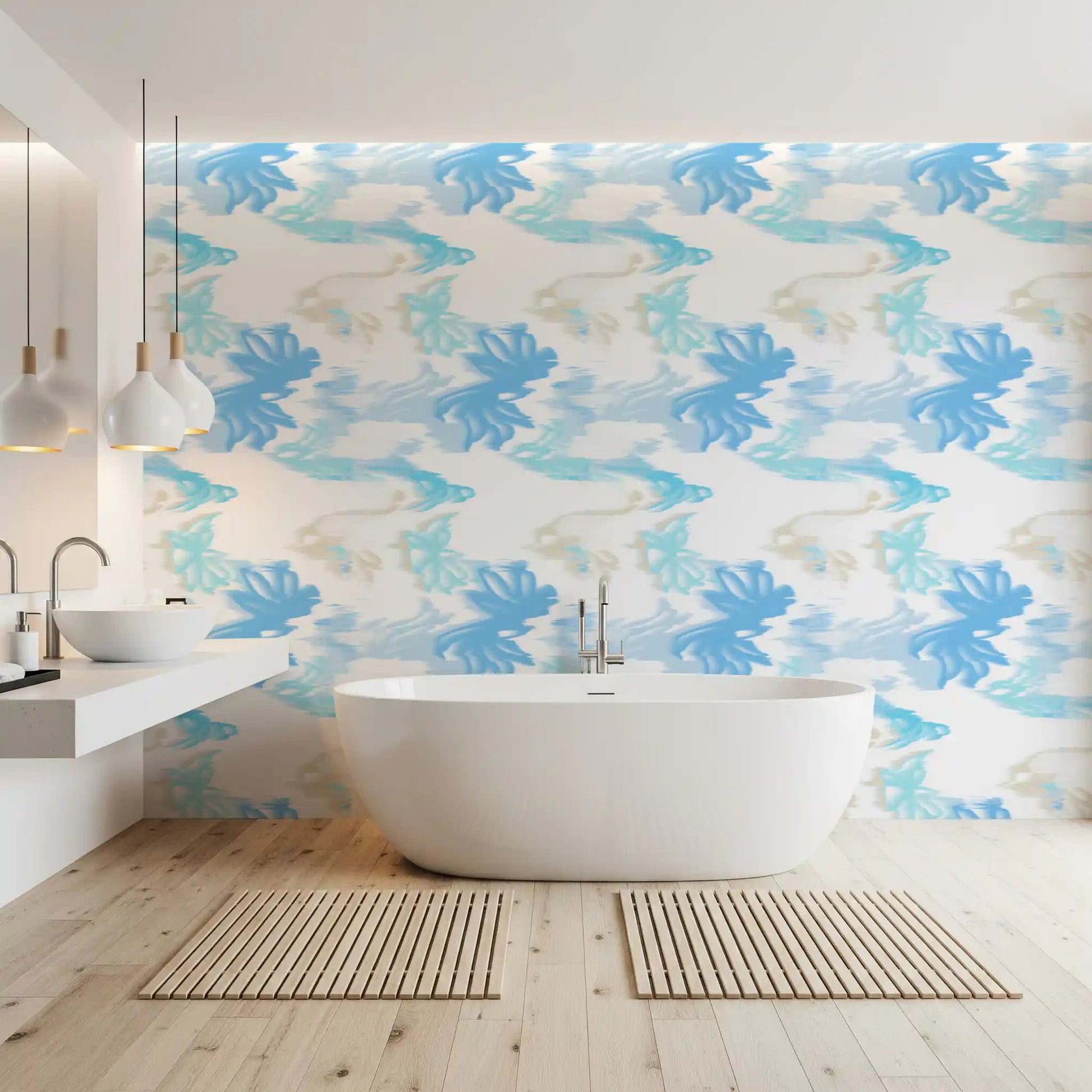 Bathroom design using Fluid Serenity wallpaper with airy blue texture