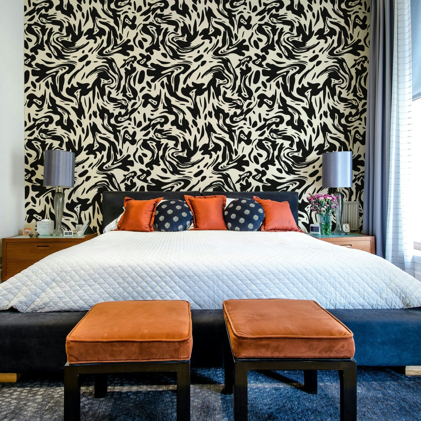 An angled shot of a wall with peaceful wallpaper

