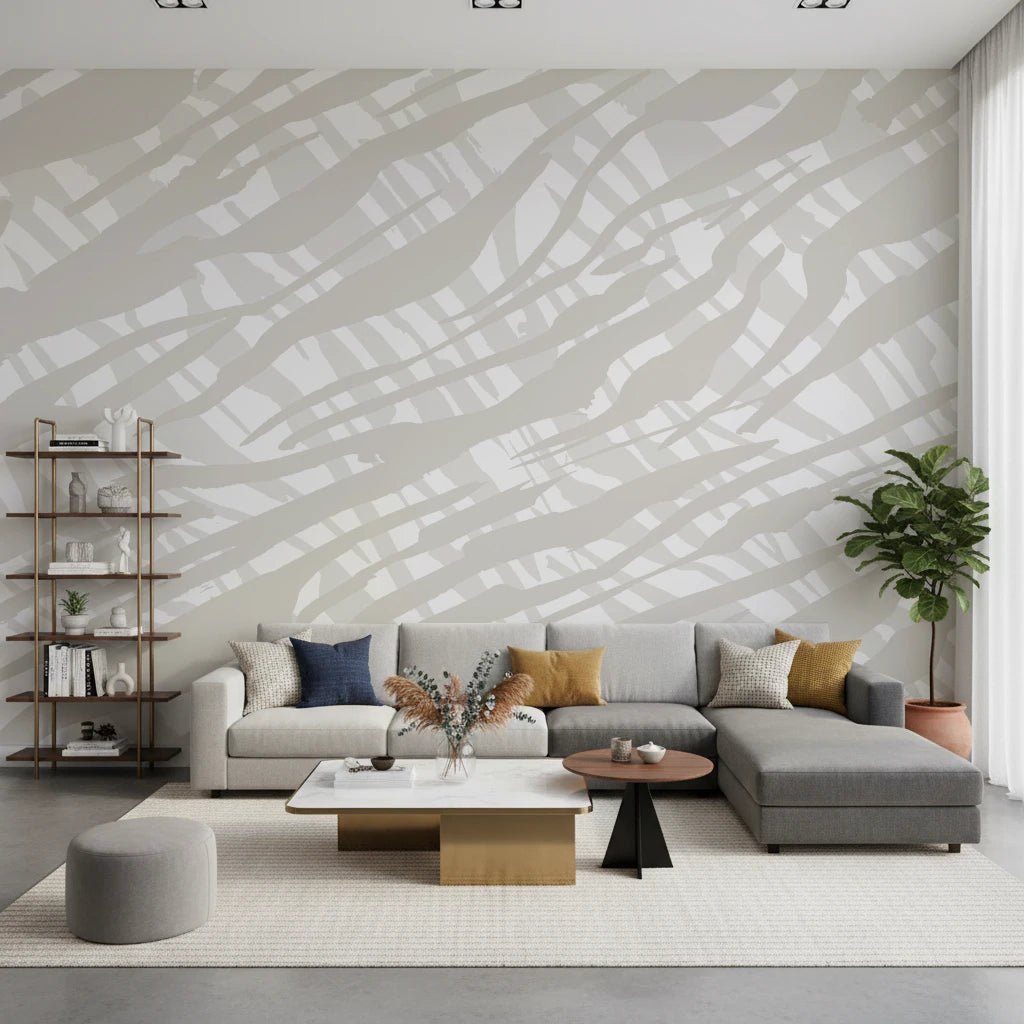 Living room with Fluid Strokes wall mural in soft neutral abstract layers, GD8832