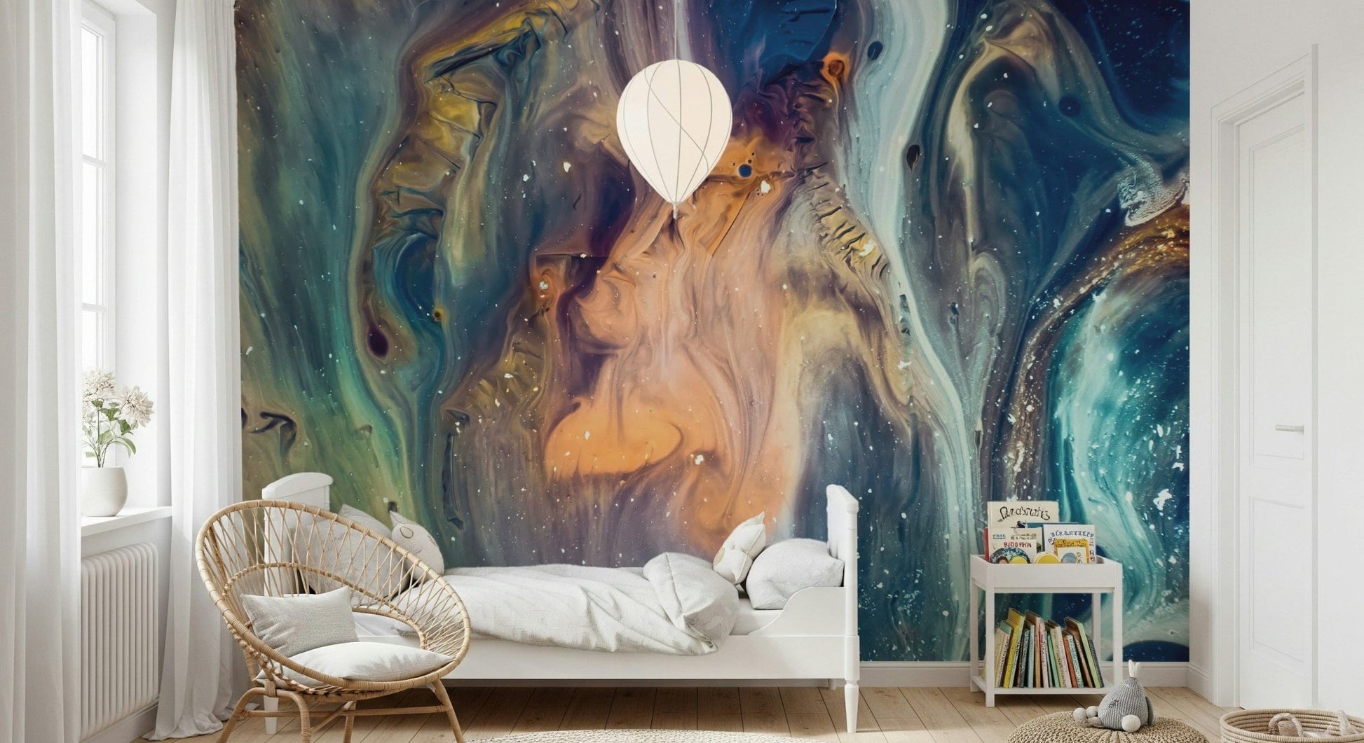 An artistic soft focus mural on minimalist wallpaper.
