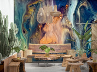 A calming abstract design wallpaper mural that defines a space.