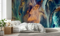A peaceful modern abstract mural on decorative wallpaper.
