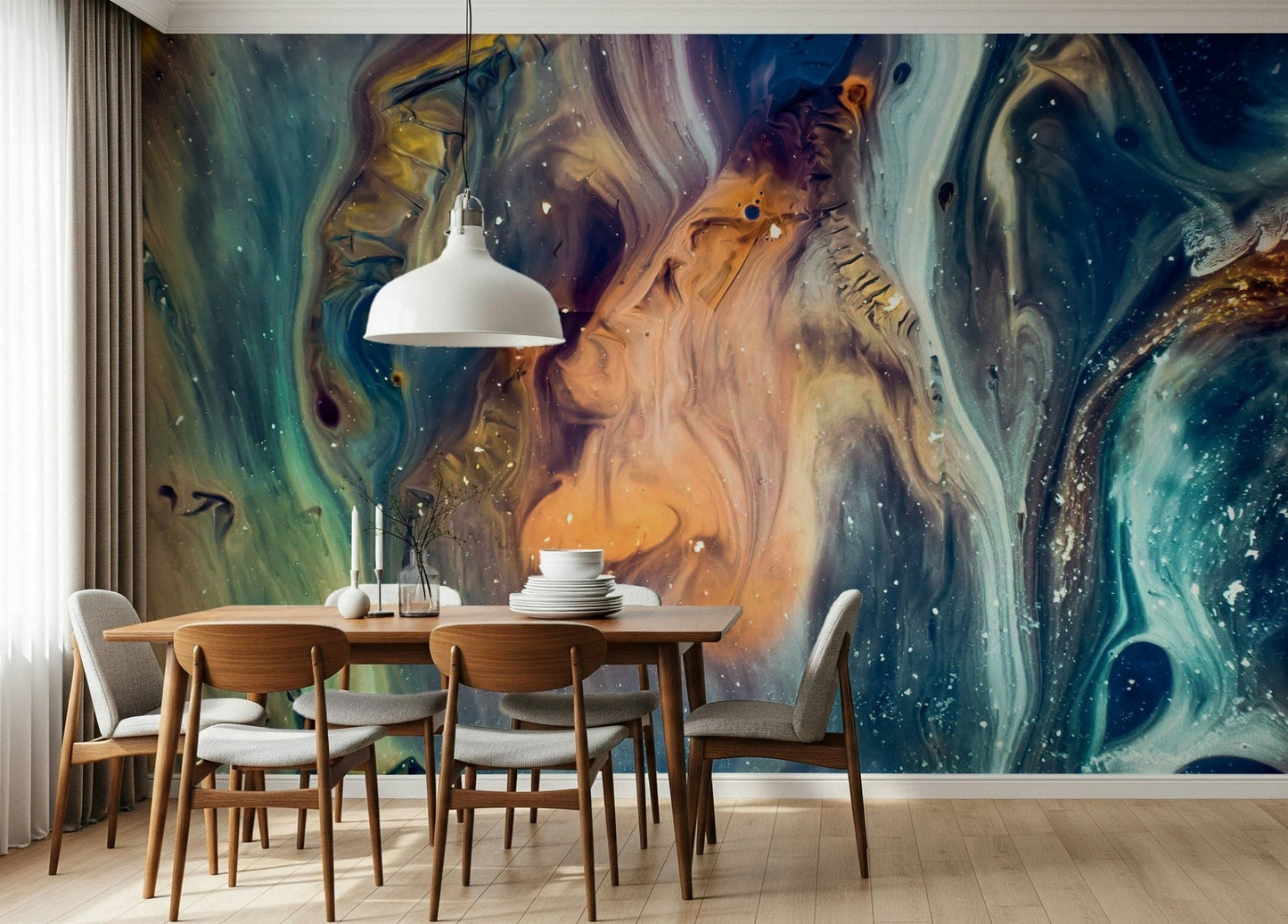 A beautiful modern art wall mural of delicate lines.