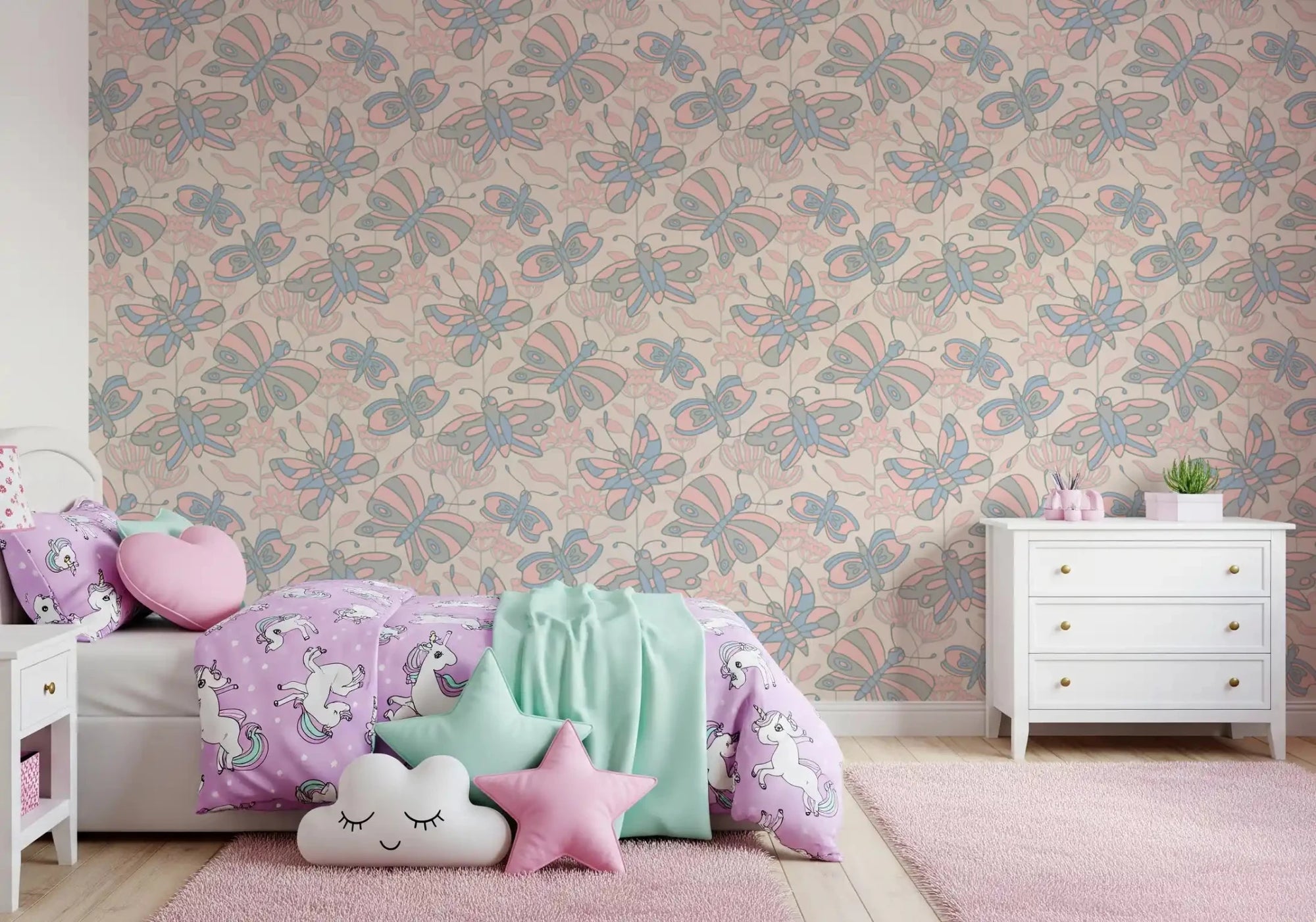Bedroom with pastel butterfly floral wallpaper in blush blue and gray tones, GD9407