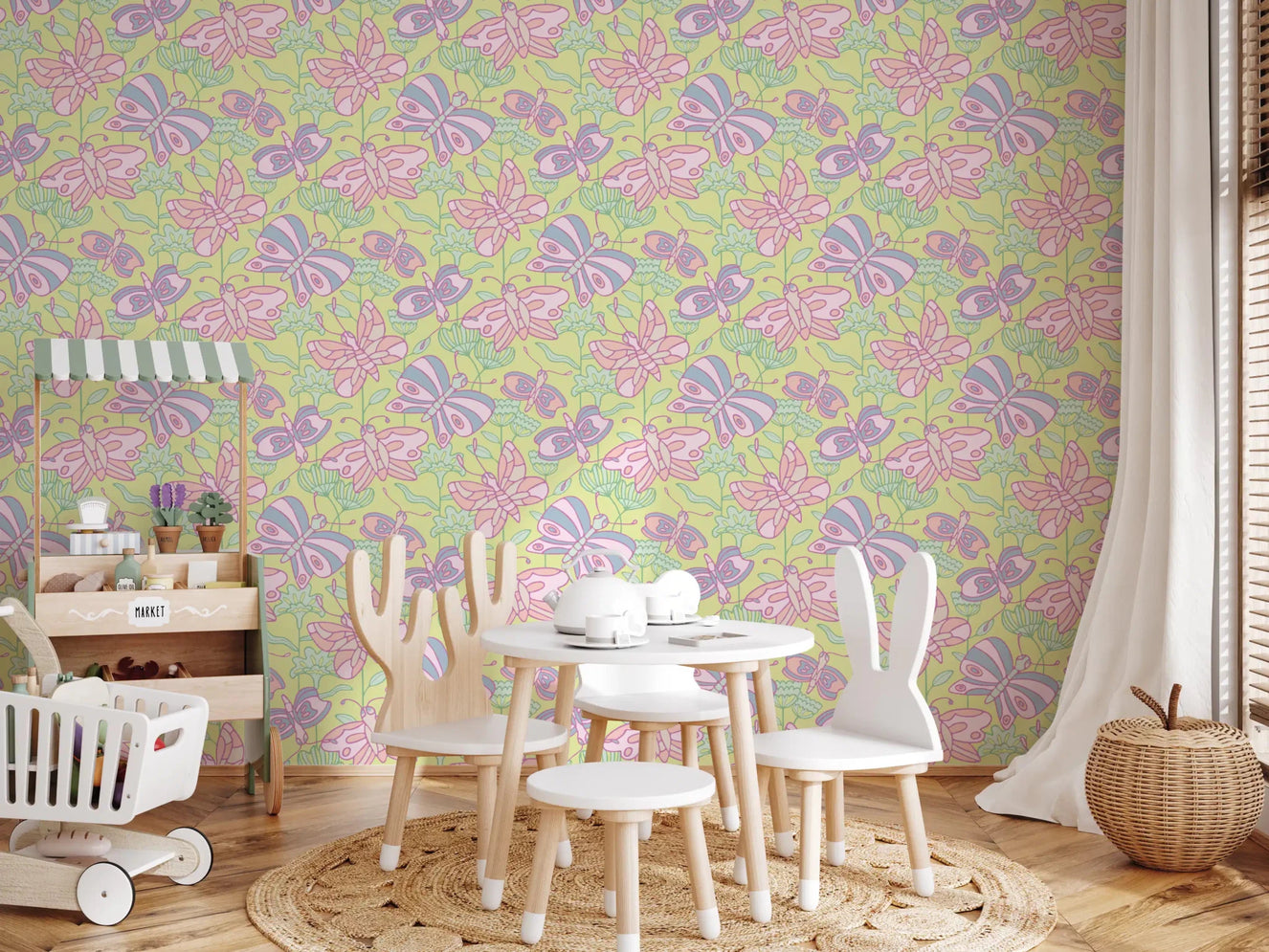 Nursery with Flutter Cottagecore floral butterfly pastel pink wallpaper