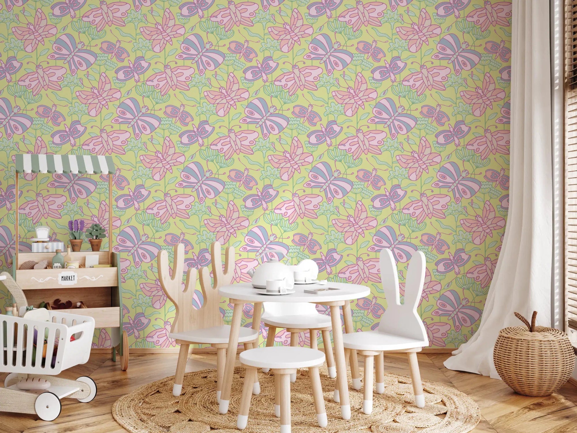Nursery with Flutter Cottagecore floral butterfly pastel pink wallpaper, GD9408