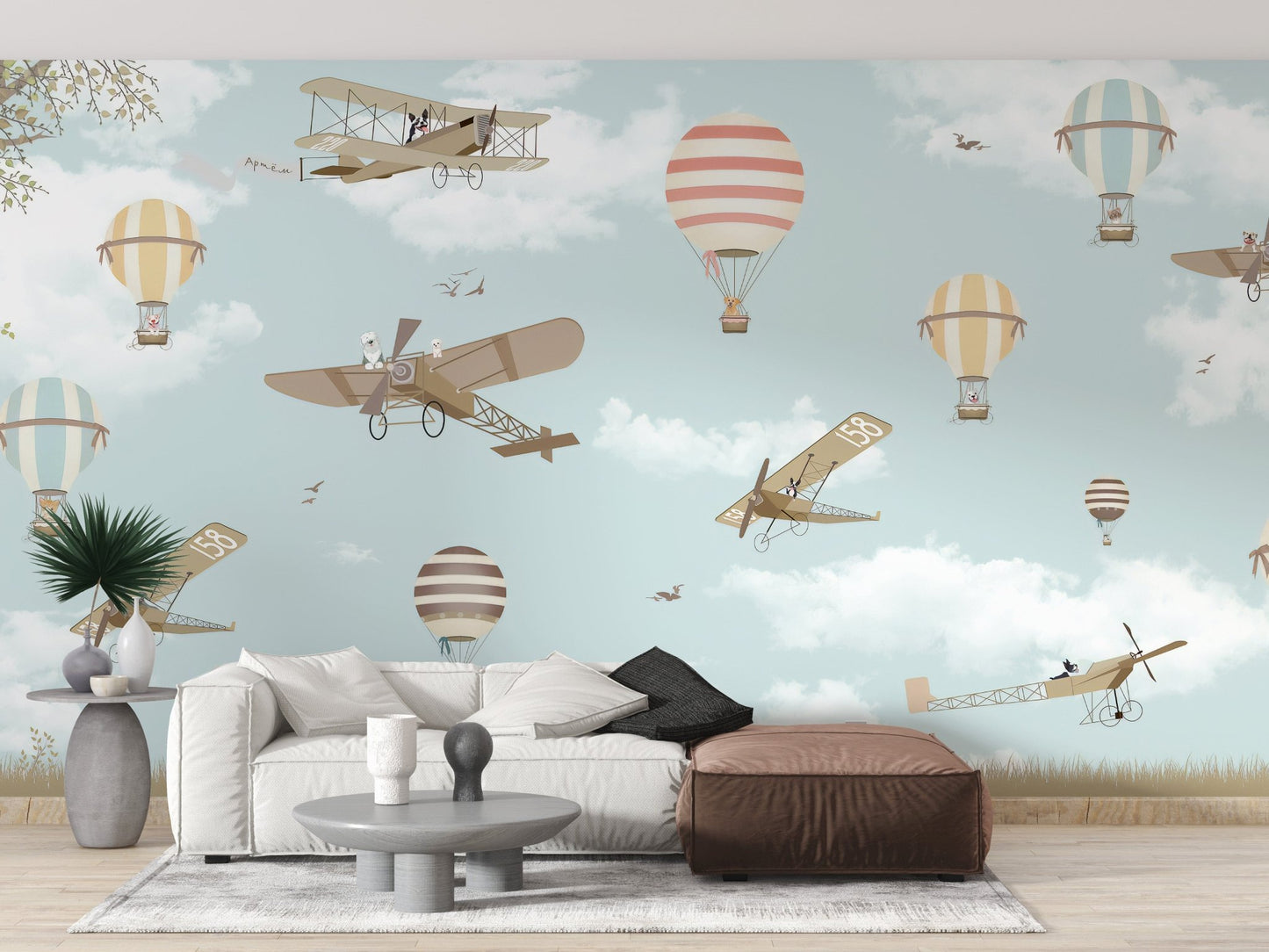 Fun land-themed wall mural with balloons A436