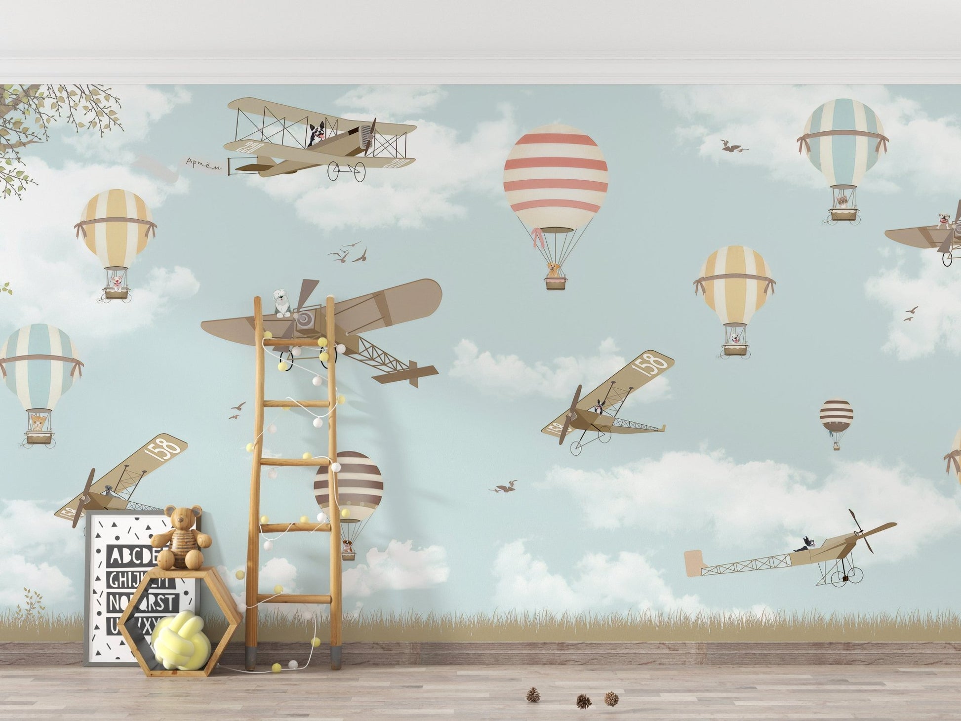 Vibrant fun land wallpaper with balloons and planes A436