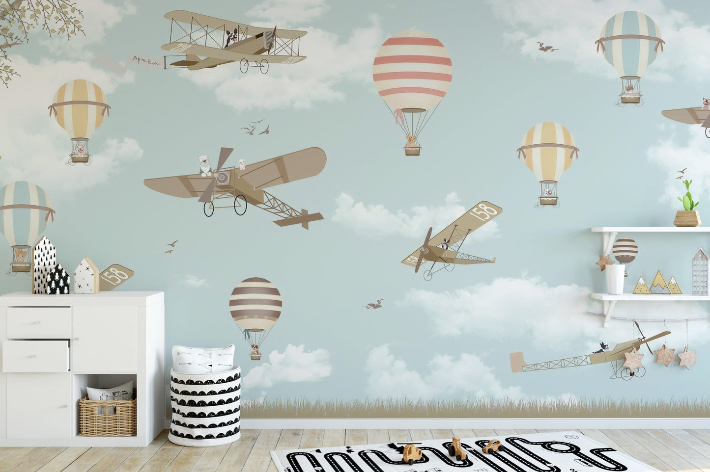 Colorful hot air balloons and planes wallpaper design A436