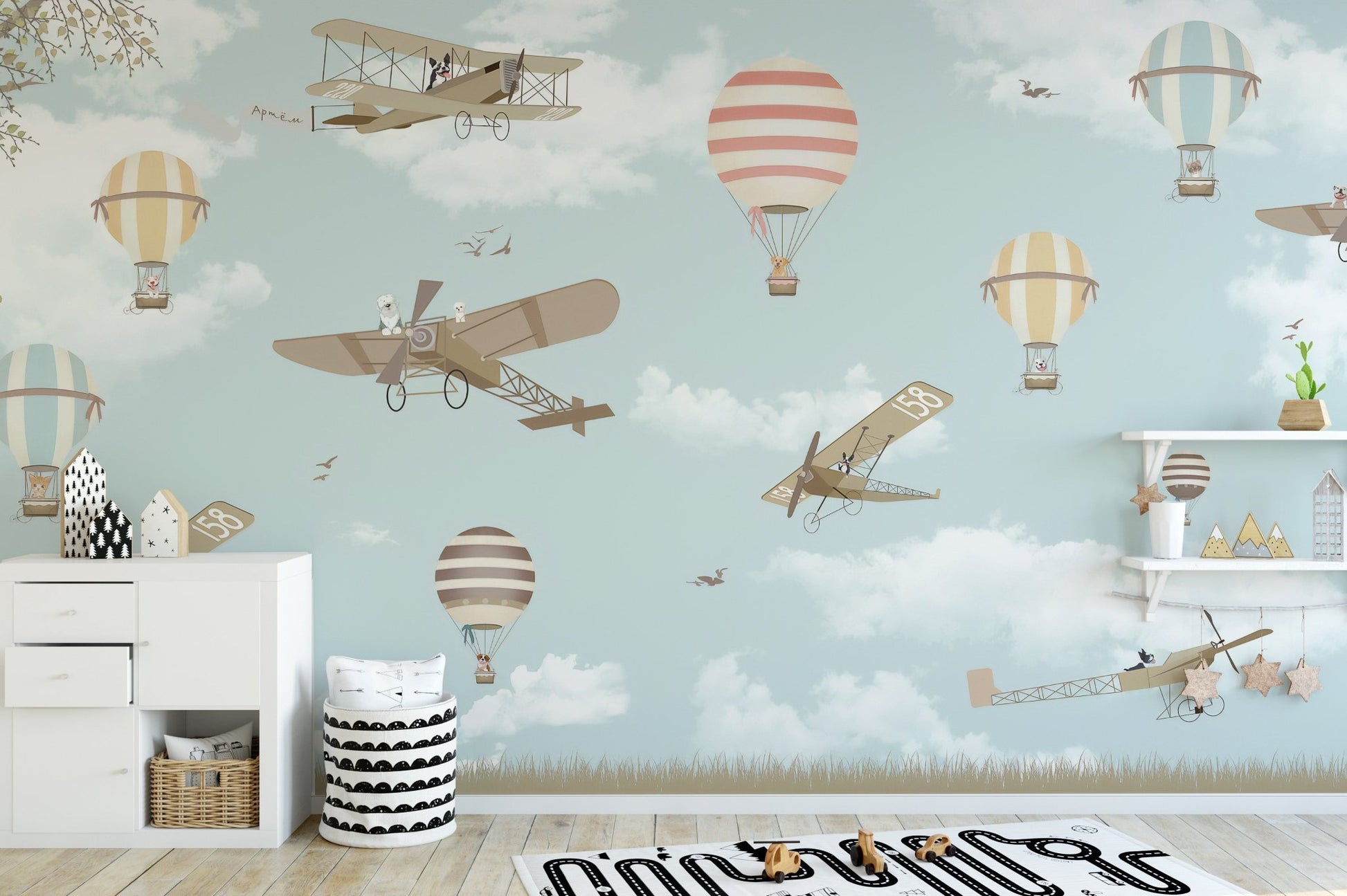 Colorful hot air balloons and planes wallpaper design A436