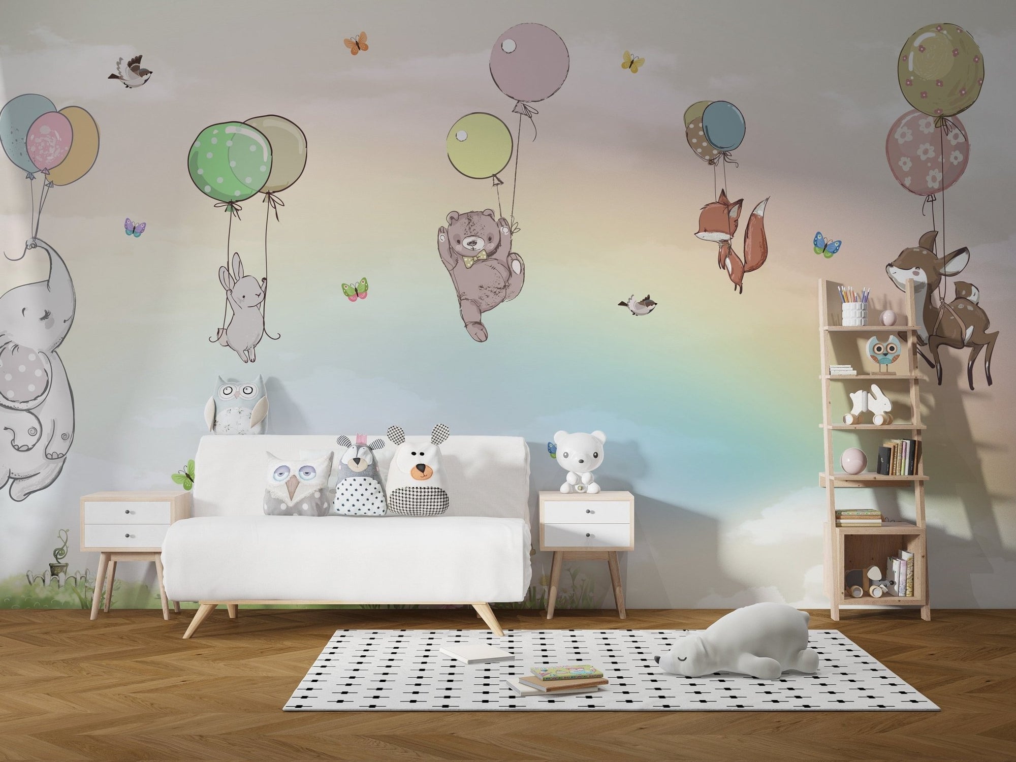 Flying animals with balloons kids wallpaper A586