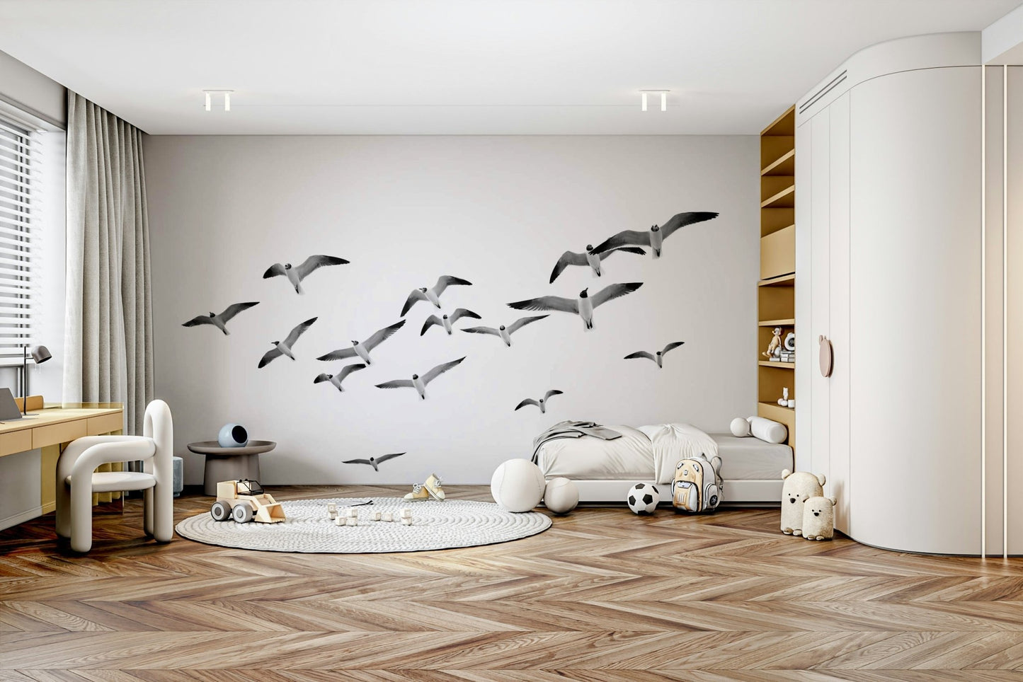 Nature-inspired mural with birds in motion across wall


