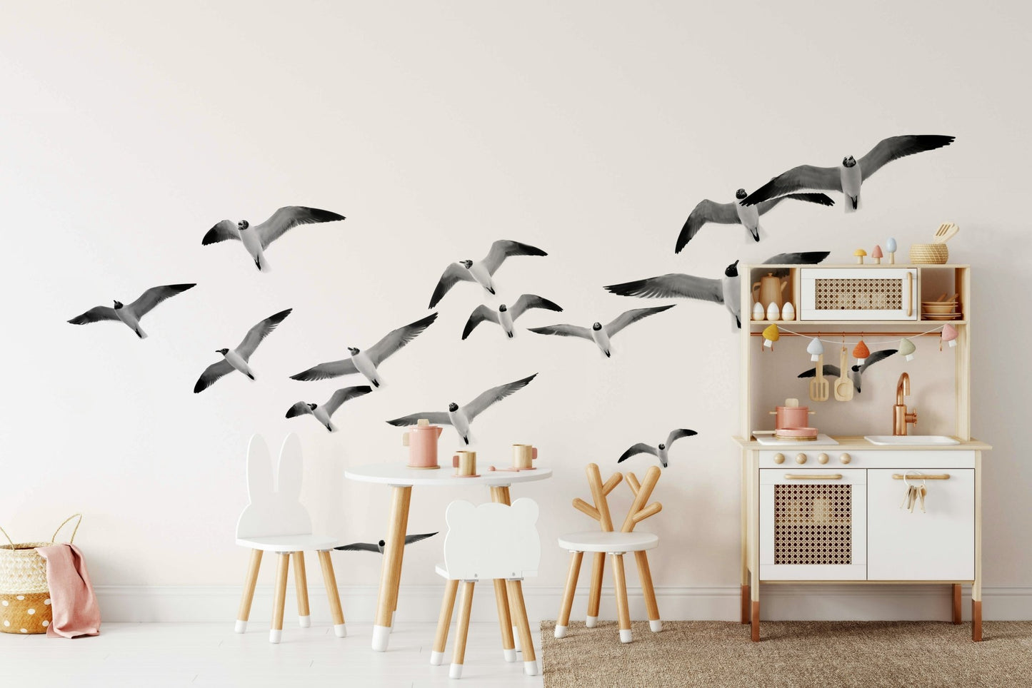 Minimalist mural with flying birds in landscape format

