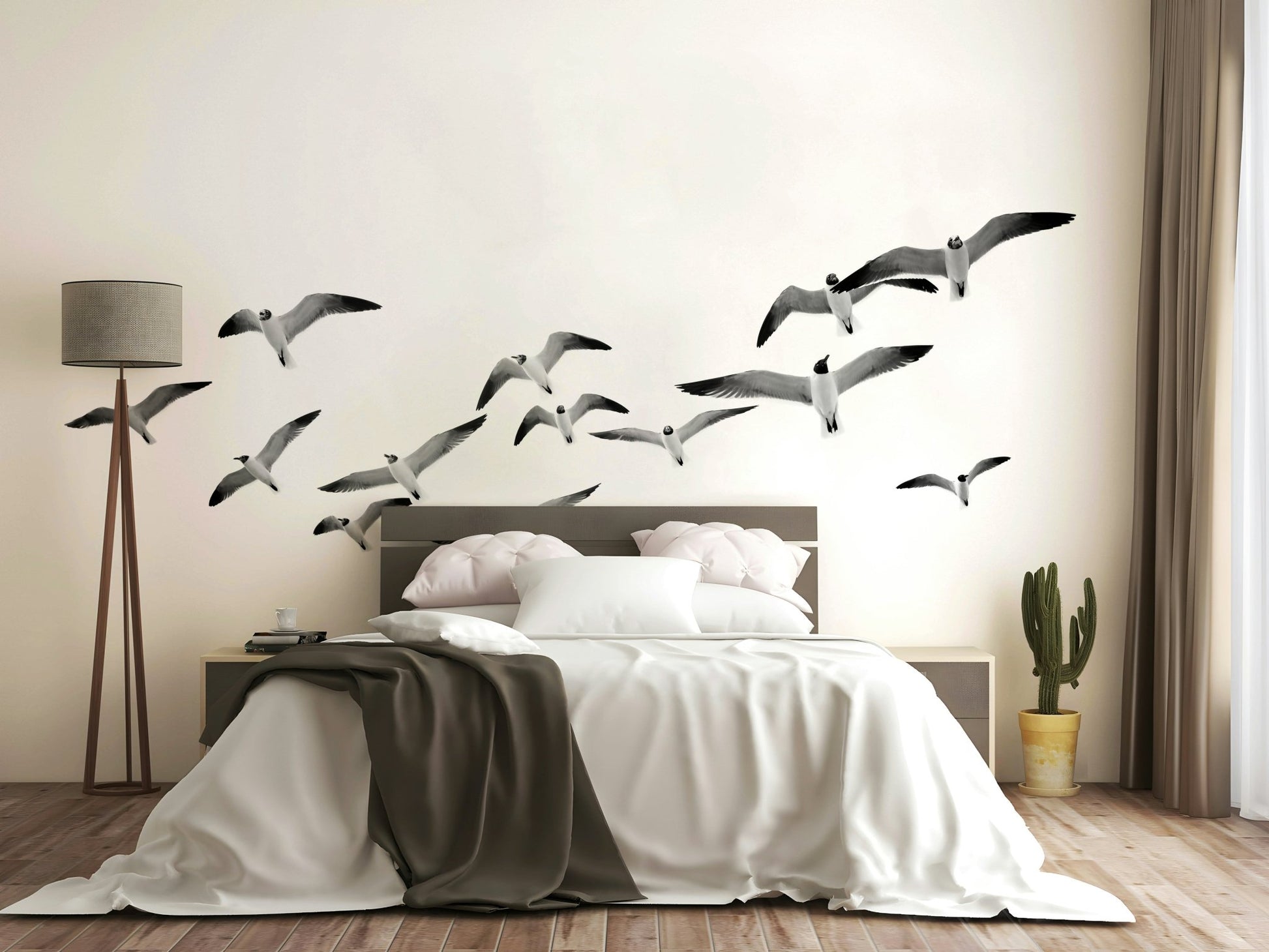 Soothing mural of birds flying in formation

