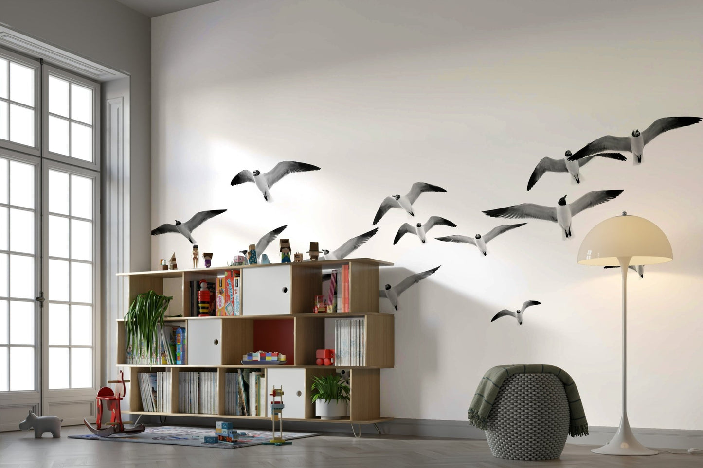 Elegant wall mural of birds soaring across the sky


