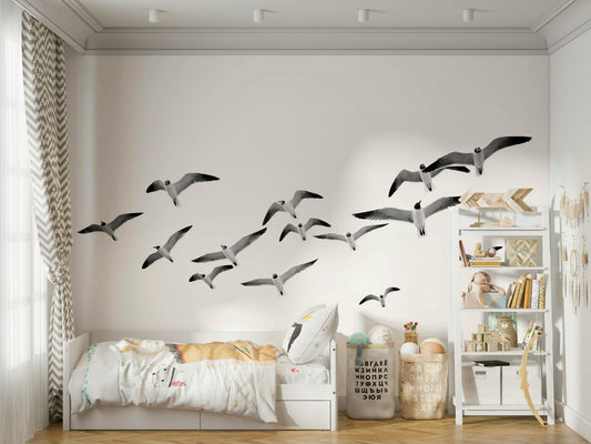 Flying birds horizontal wall mural with soft sky tones

