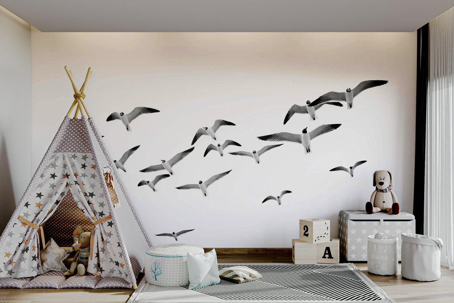 Panoramic mural with flock of birds in graceful flight

