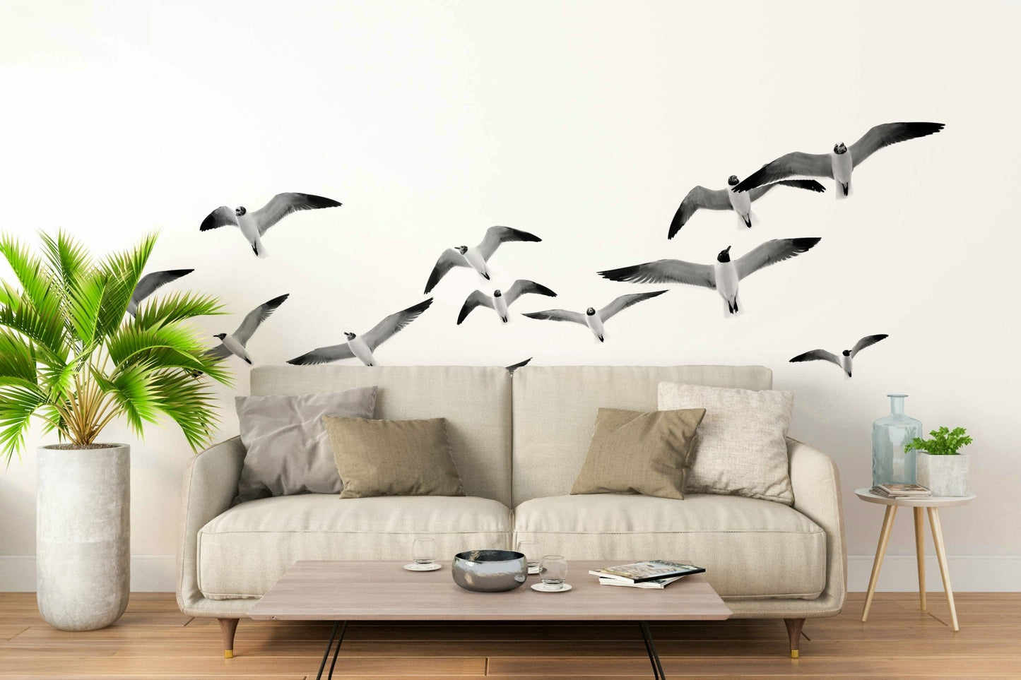 Horizontal mural featuring birds in mid-flight

