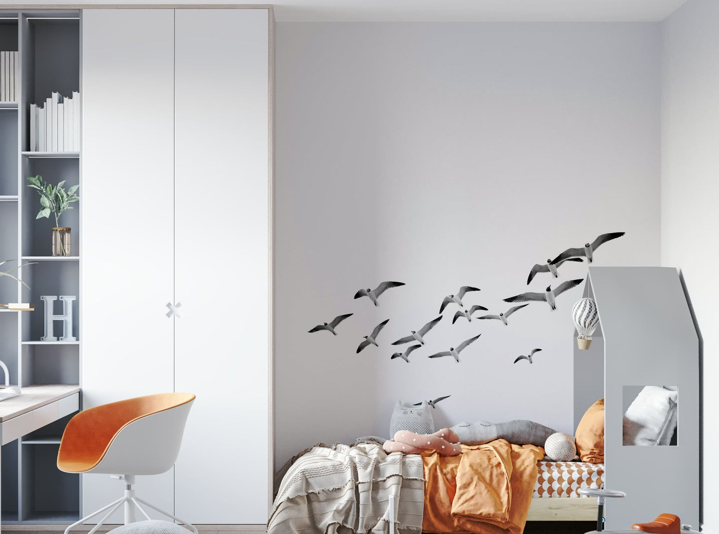 Minimalist vertical wall mural with bird silhouettes

