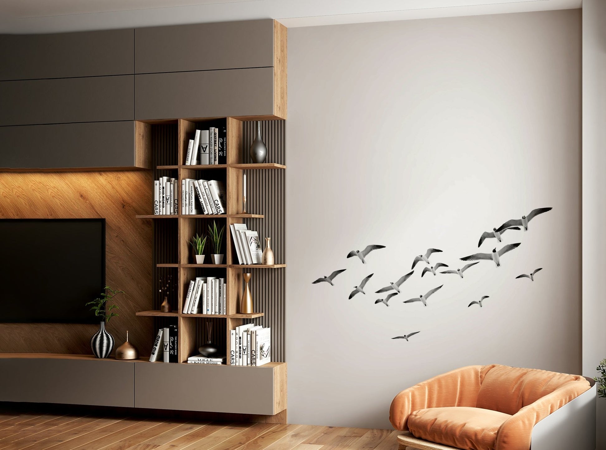 Graceful flying birds mural in tall wall format

