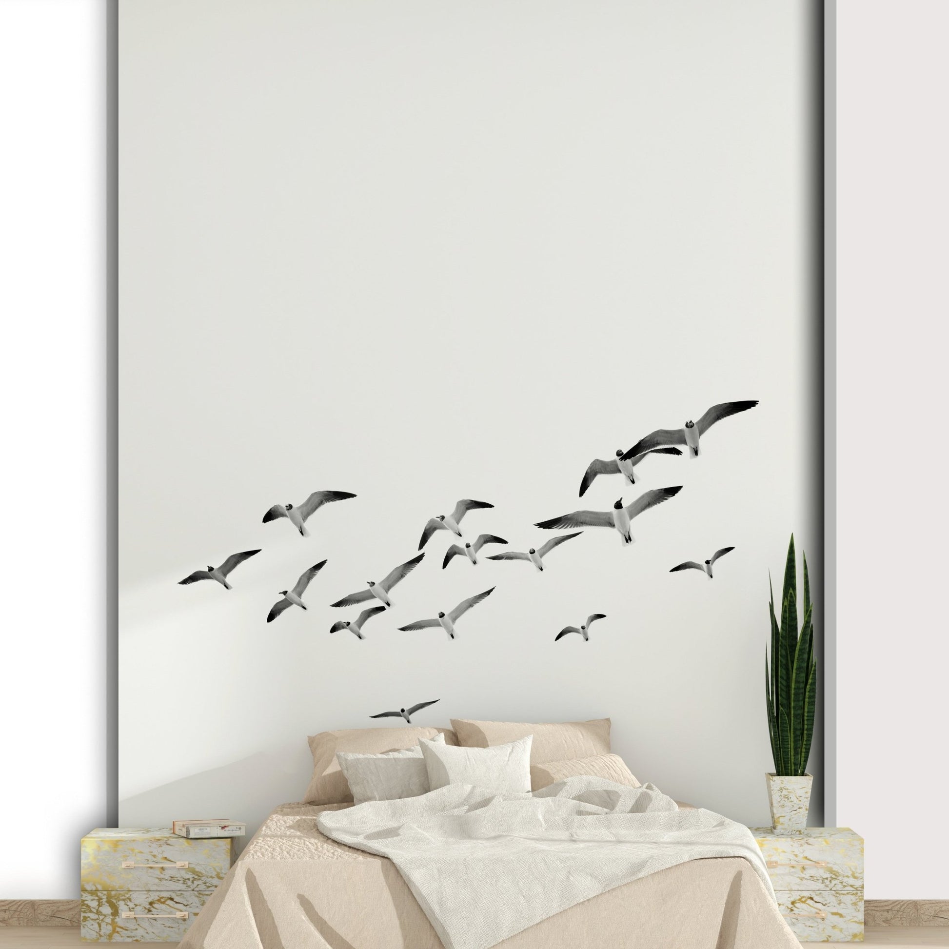Vertical birds-in-flight mural for tall spaces

