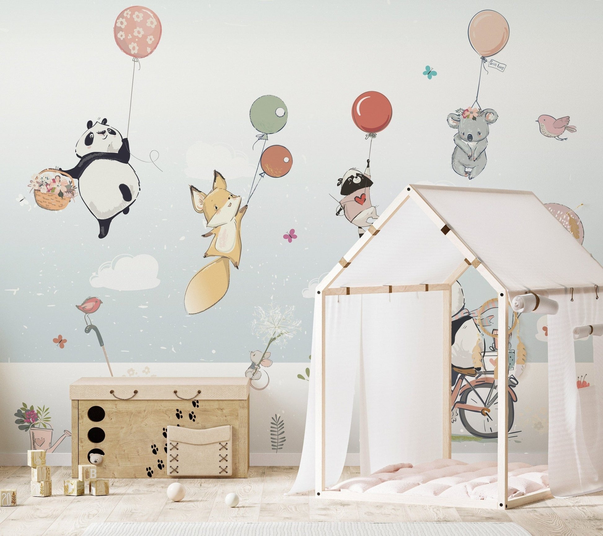 Flying Animals with Balloons in the Air Wallpaper Murals - Giffywalls A677