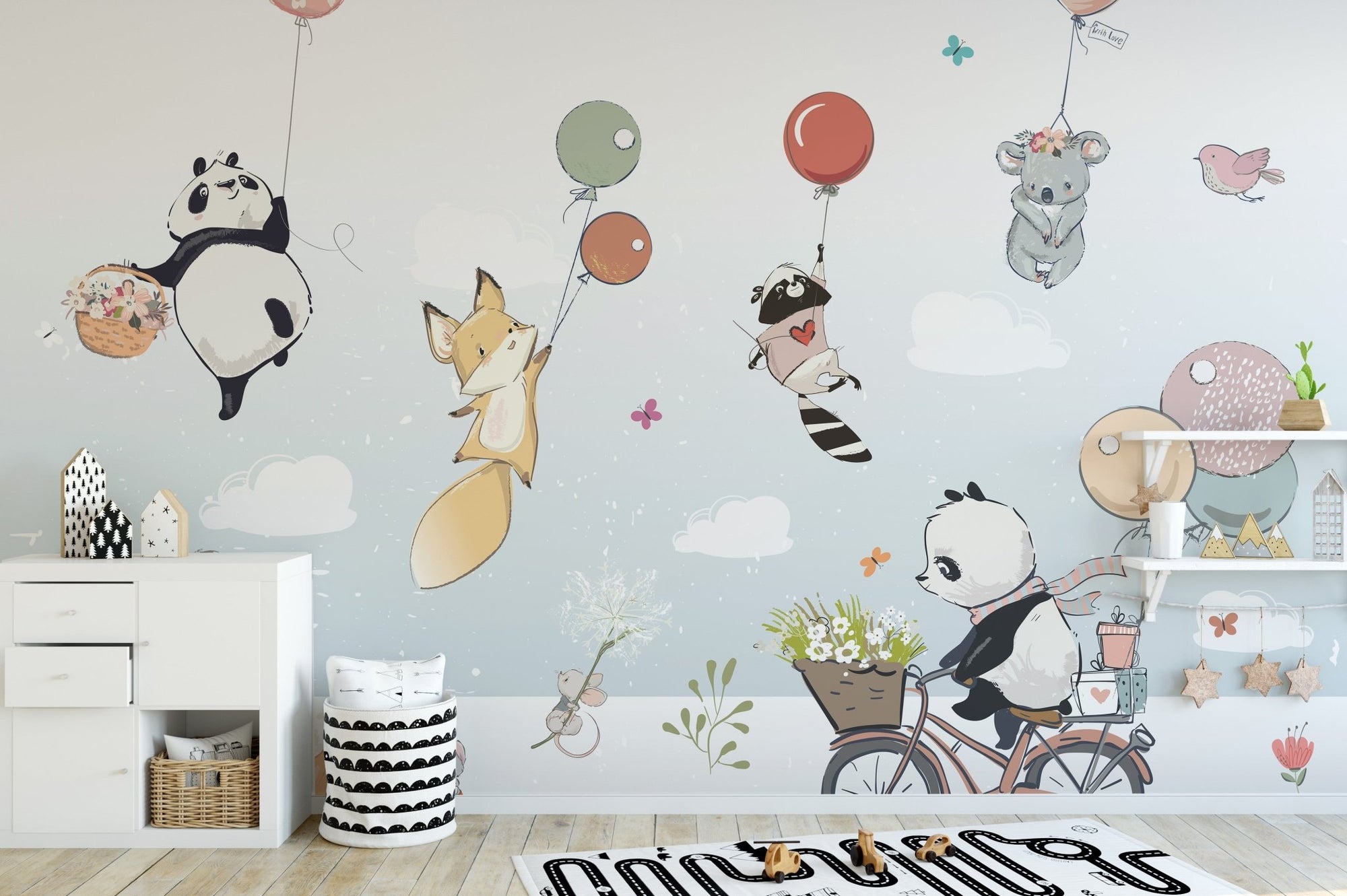 Flying animals with balloons kids room mural A677
