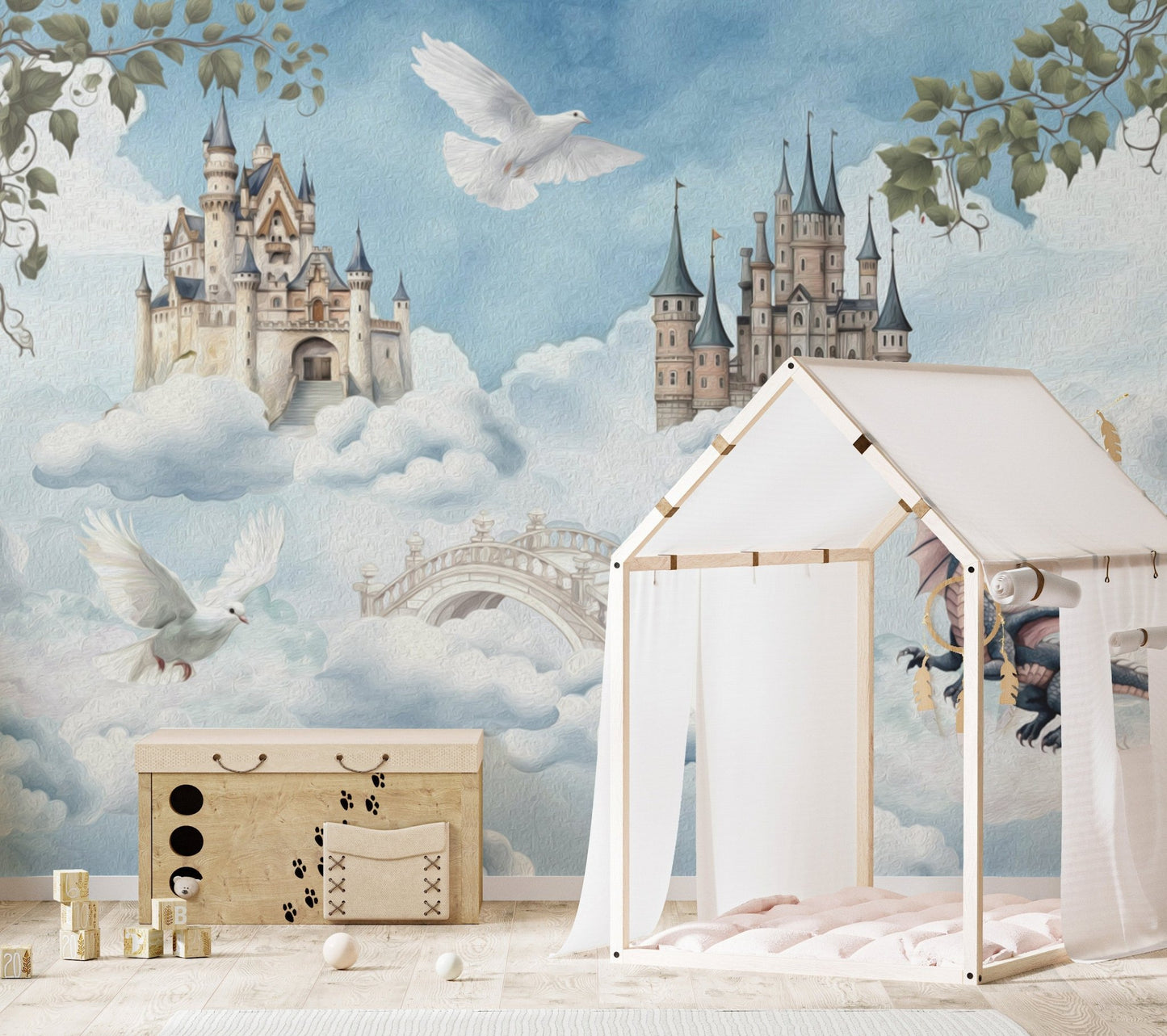 Enchanted Dragon Flying Castle Mural
