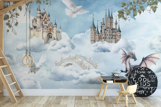 Flying Dragon Fantasy Castle Wallpaper

