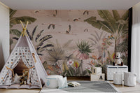 Lush jungle with flying flamingos
