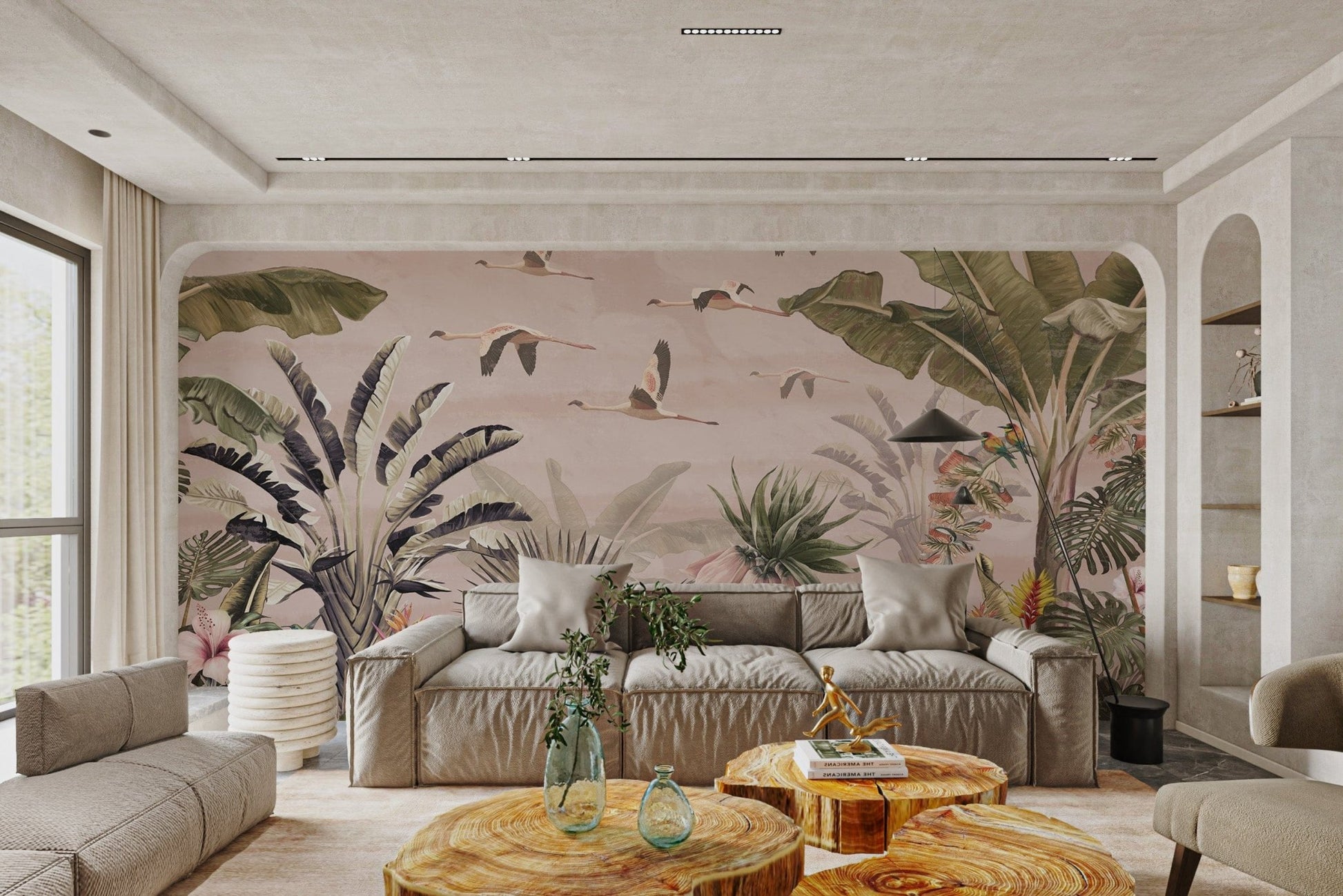 Flamingos flying over tropical forest
