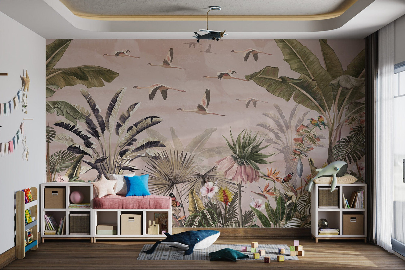 Soaring flamingos in jungle mural
