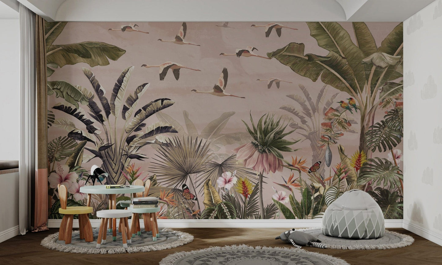 Pink flamingo wallpaper with greenery
