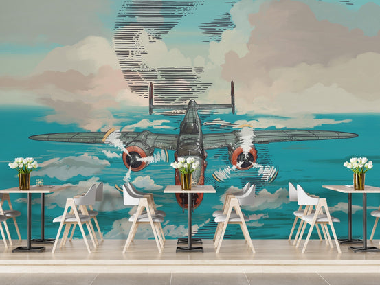 Flying Plane on Blue Ocean Wallpaper A159