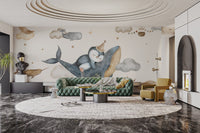 Soft pastel whale nursery wallpaper
