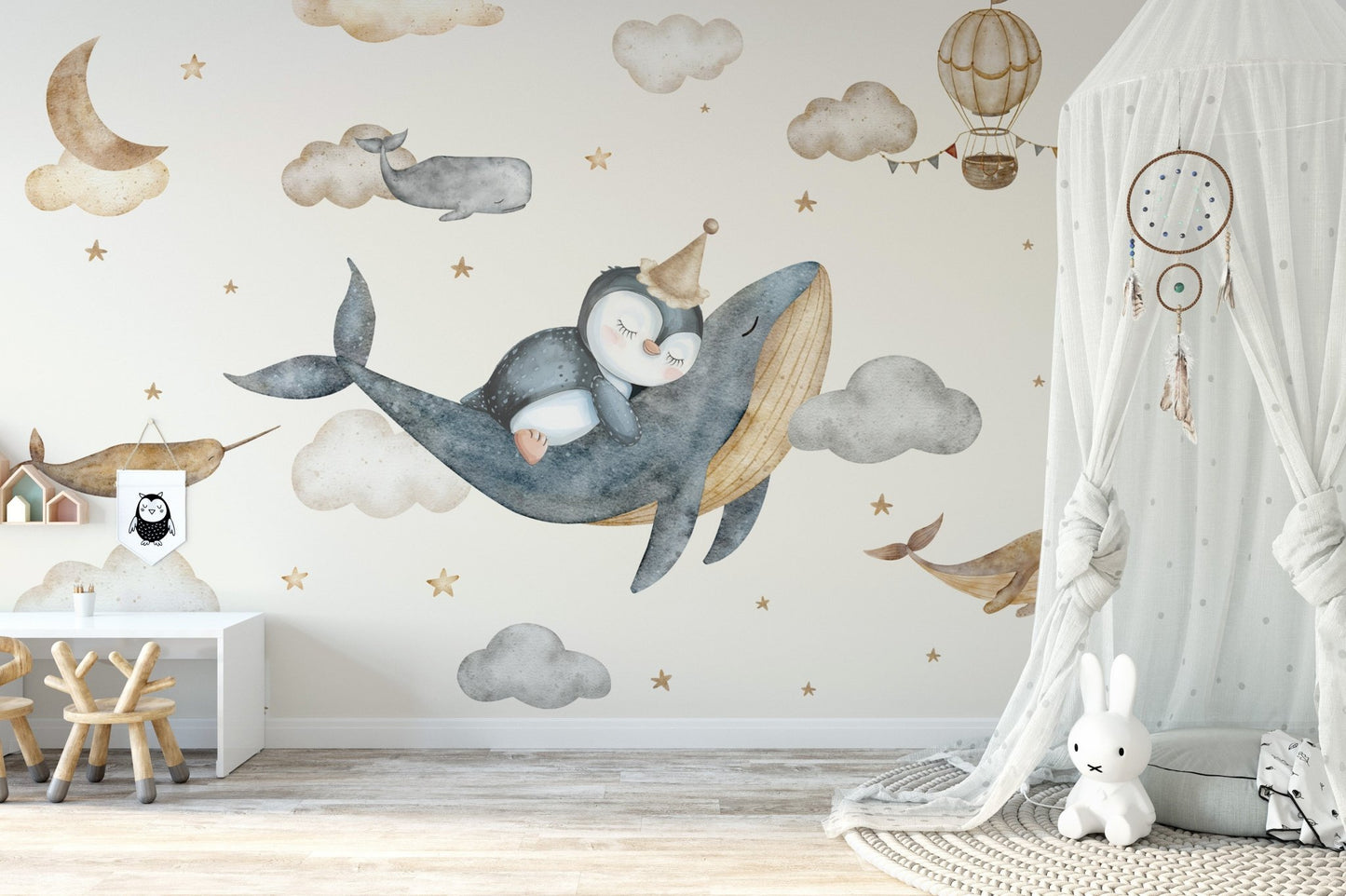Nursery wallpaper with flying whales
