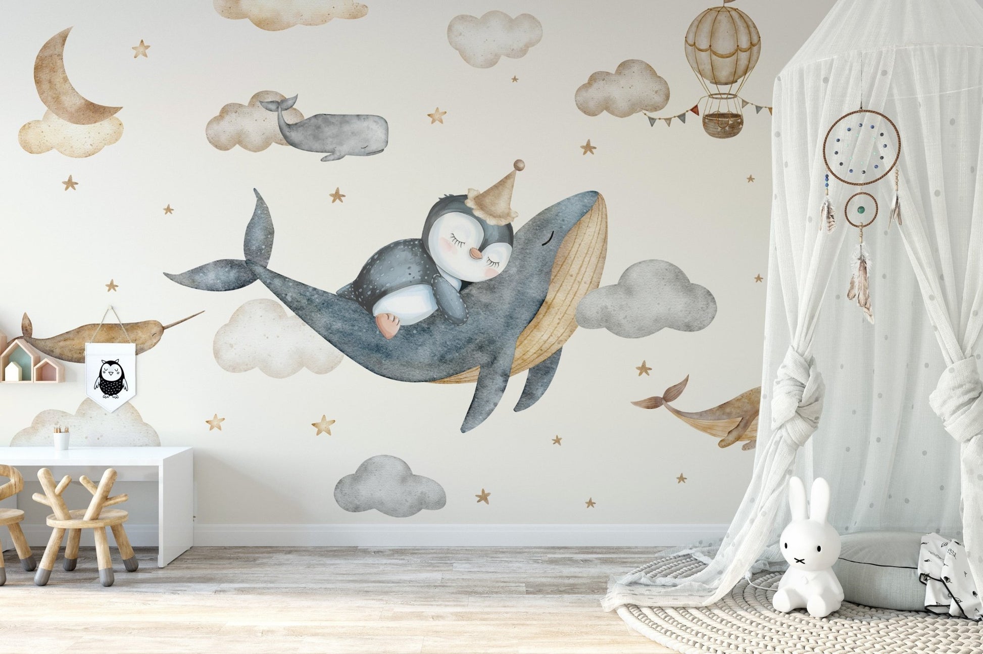 Nursery wallpaper with flying whales
