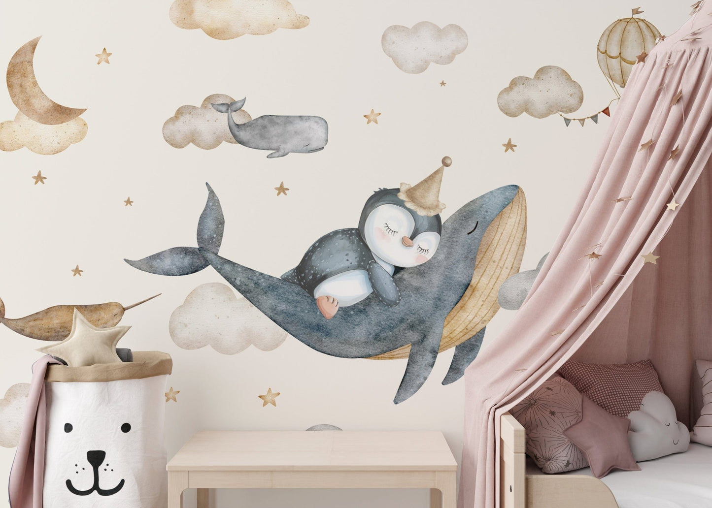 Flying whale nursery wallpaper design
