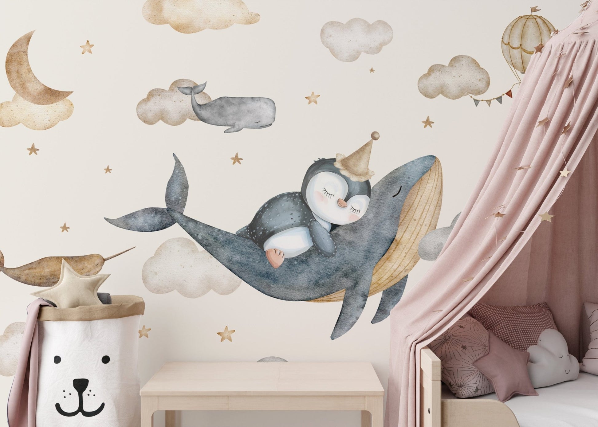 Flying whale nursery wallpaper design
