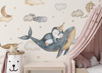Flying whale nursery wallpaper design
