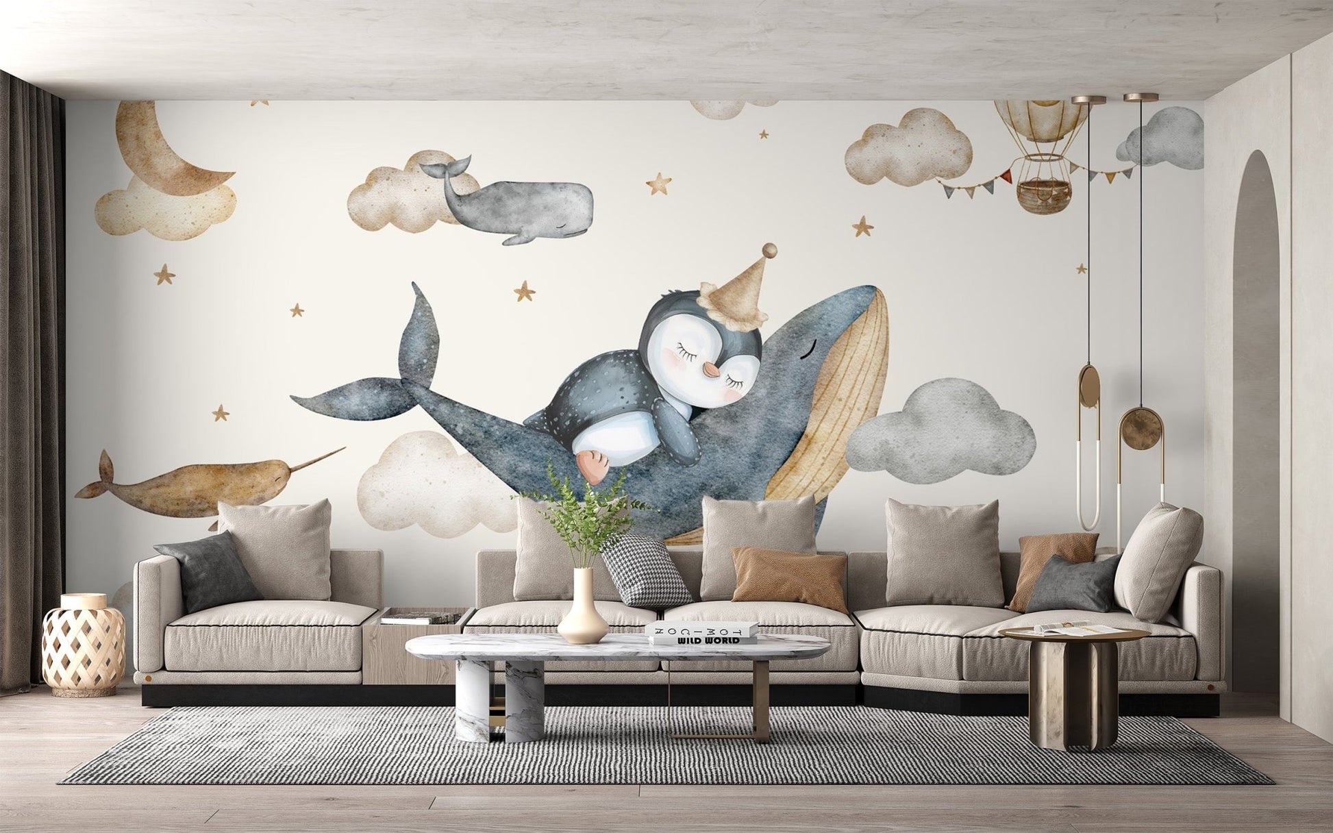 Whale and penguin nursery wall design
