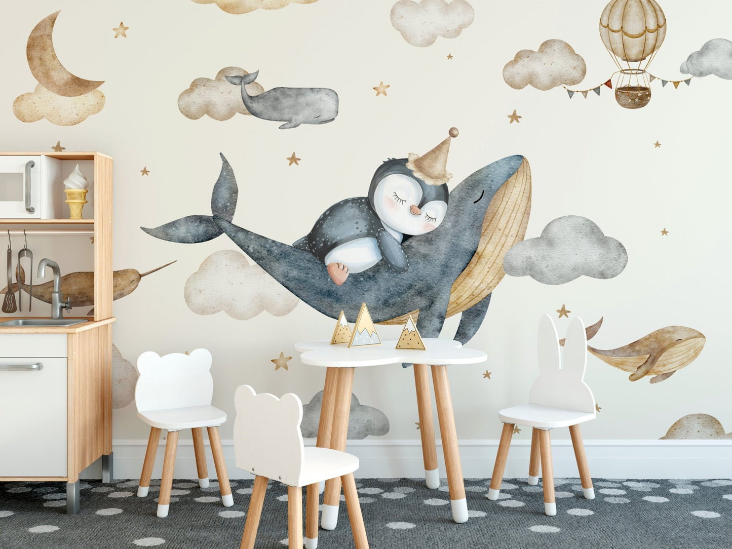 Magical whale wallpaper for nursery rooms