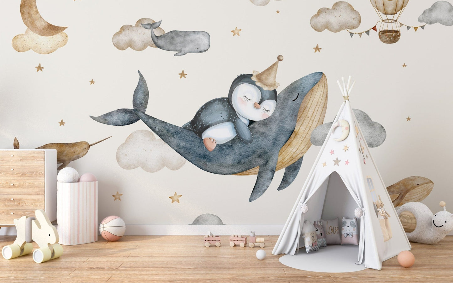 Penguin riding whale nursery wallpaper
