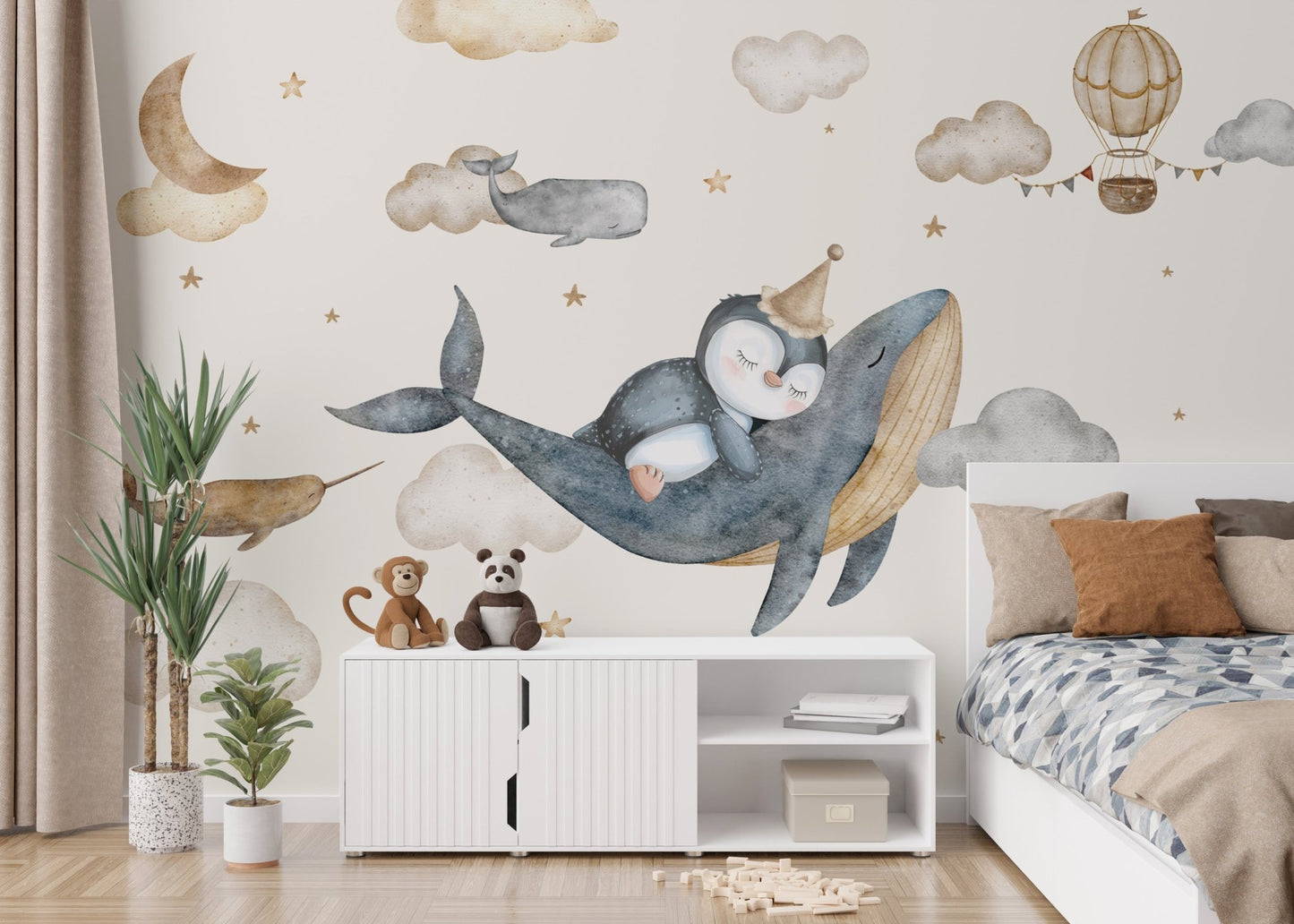 Flying sea creatures nursery wallpaper
