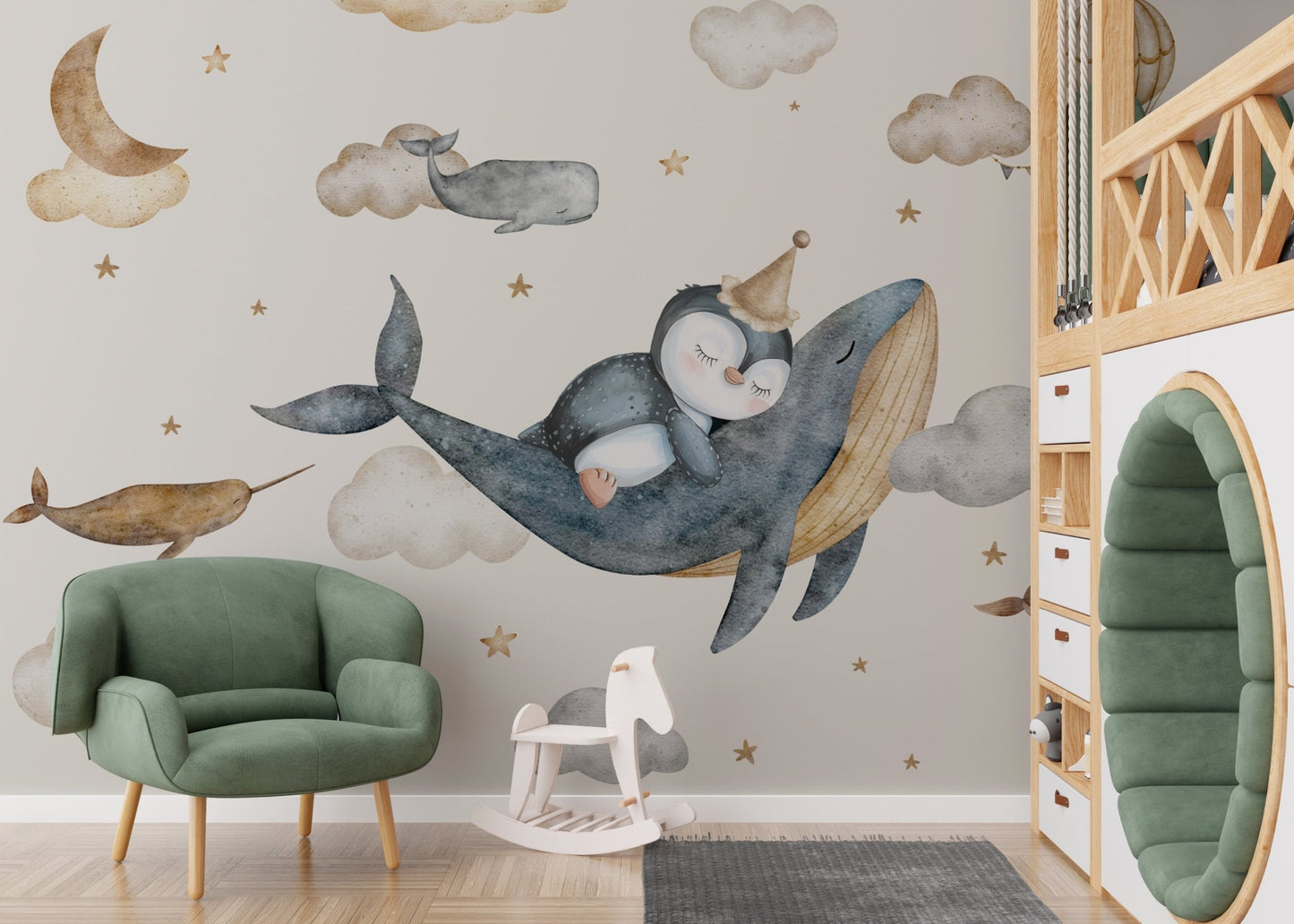 Whimsical flying whale nursery mural
