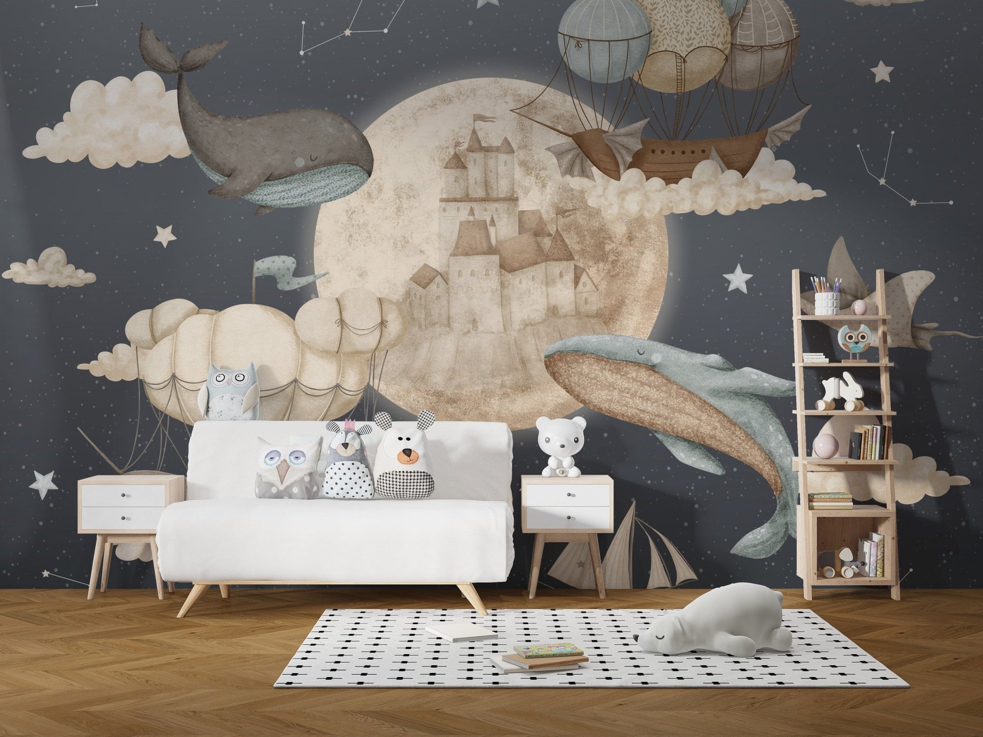 Flying whales and boats wallpaper with starry night theme, C45