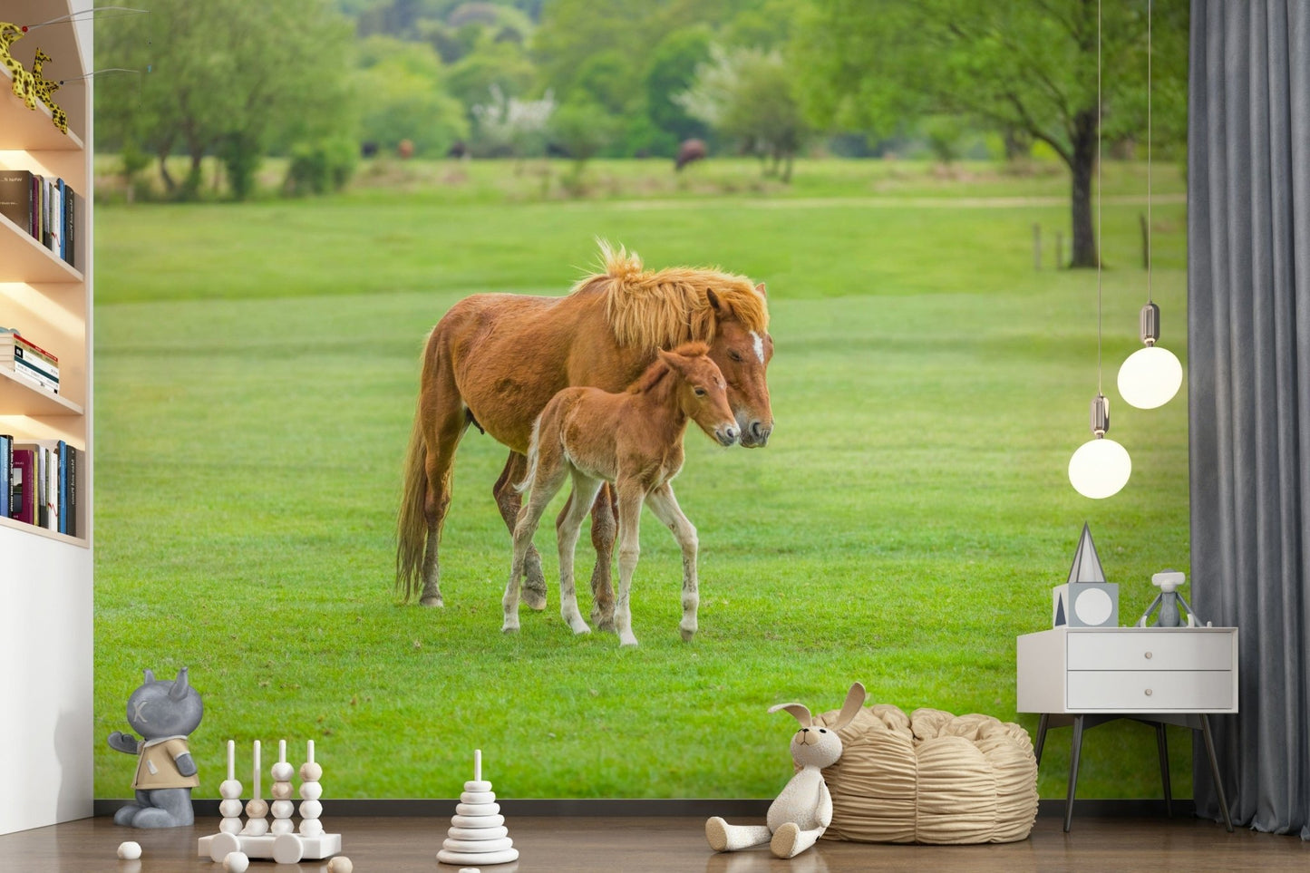 Gentle young horse wall mural for a calm and airy bedroom interior.